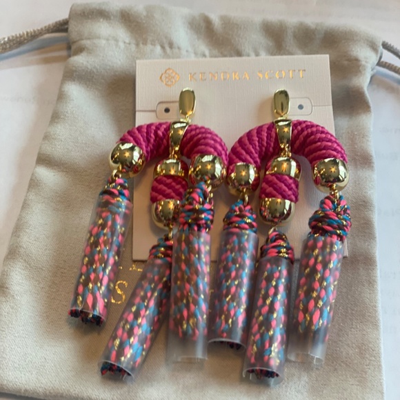 REG $150 GORGEOUS BRAIDED CORD STATEMENT EARRINGS WITH TASSELS - GOLD PINK MIX - Picture 7 of 7